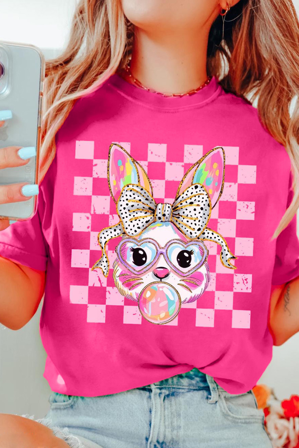 Rose Red Plaid Bubble Gum Rabbit Graphic Easter T Shirt - loveforevers