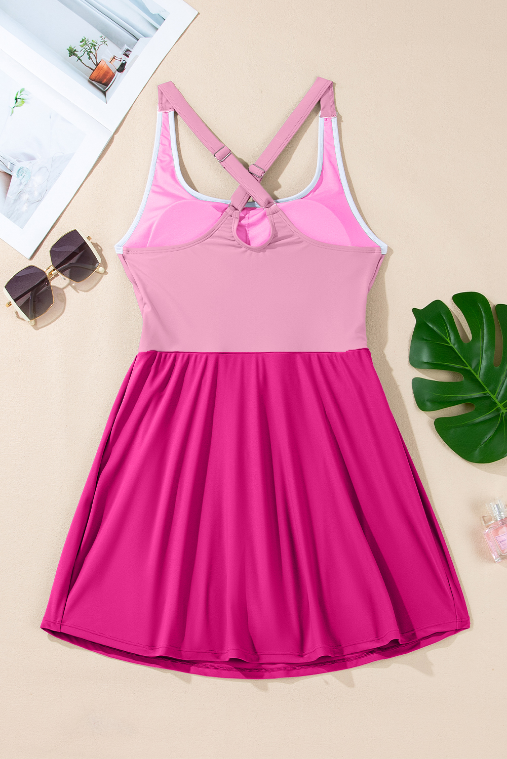 Bright Pink Contrast Edge Ruffled High Waist One Piece Swim Dress - loveforevers