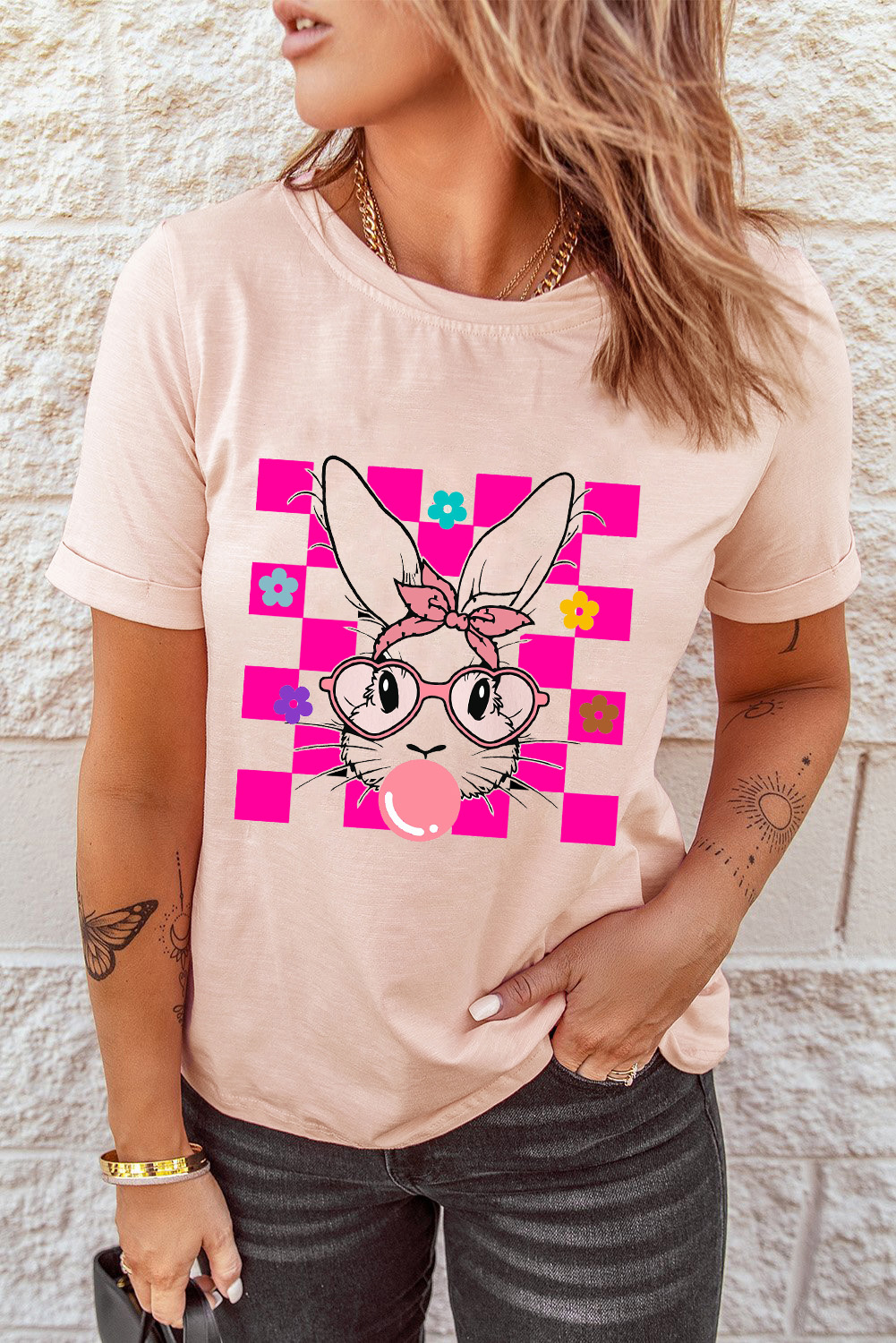 White Rabbit Bow Knot Print Crew Neck T Shirt - loveforevers