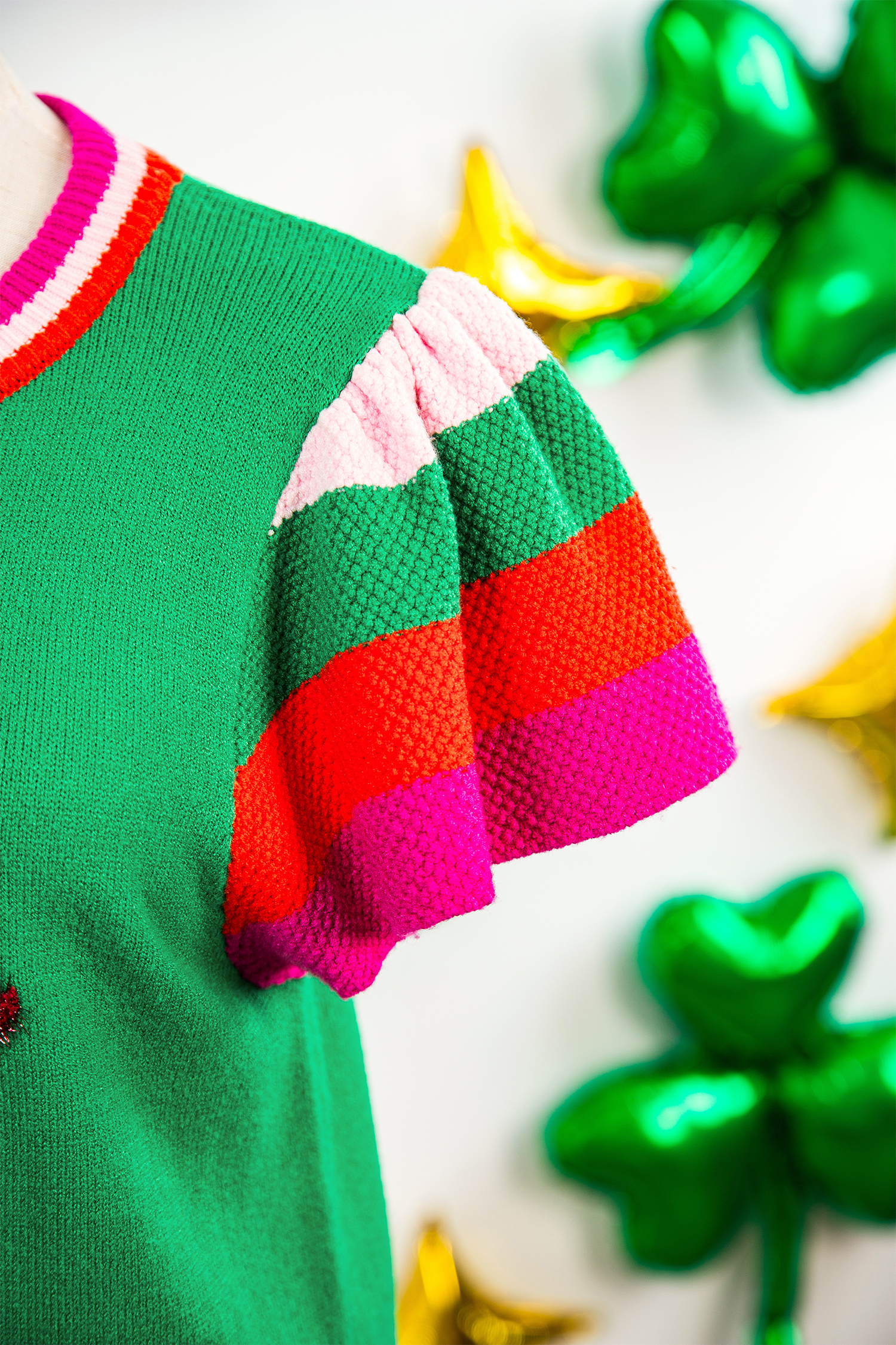 Bright Green Shiny Lucky Striped Flutter Sleeve Round Neck Sweater - loveforevers