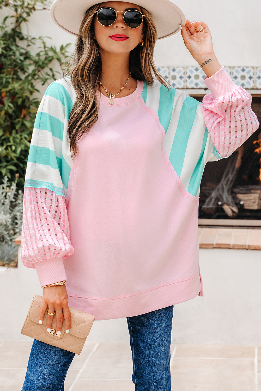 Bonbon Striped Colorblock Patchwork Raglan Pullover Top with Slits - loveforevers