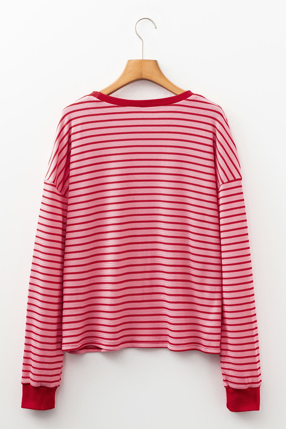 Pink Stripe Textured Round Neck Drop Shoulder Long Sleeve T Shirt - loveforevers