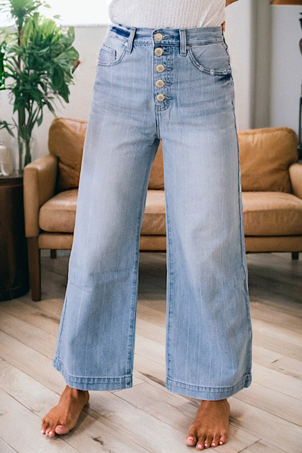 Beau Blue Multi Buttons Pinstripe Wide Leg Jeans - loveforevers