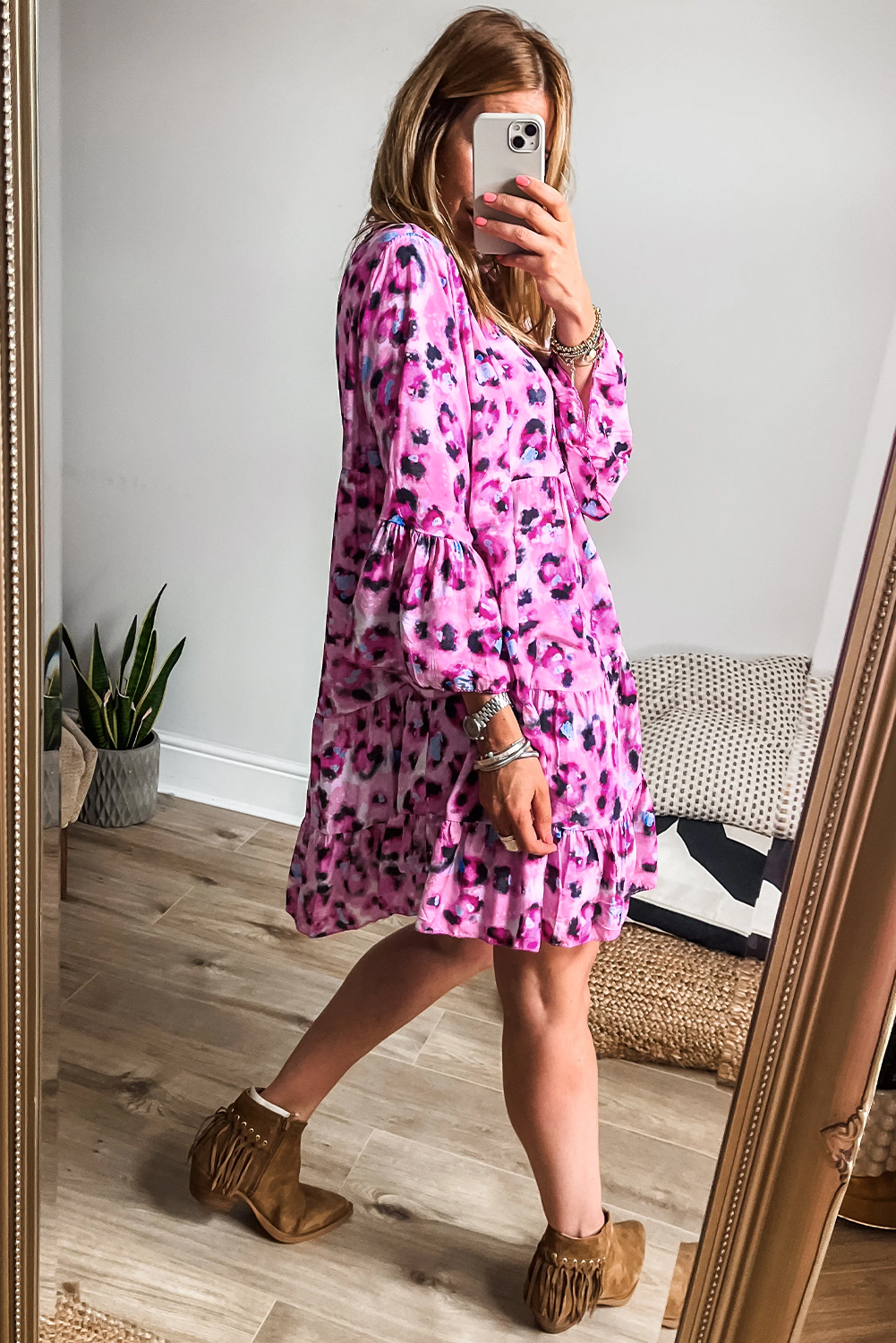 Khaki Leopard Print Buttoned Front 3/4 Sleeve Tiered Ruffled Hem Dress - loveforevers
