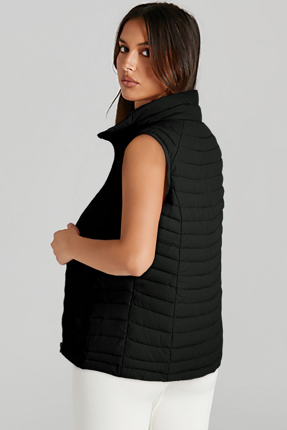 Silvery Plush Collared Quilted Zipped Puffer Vest - loveforevers