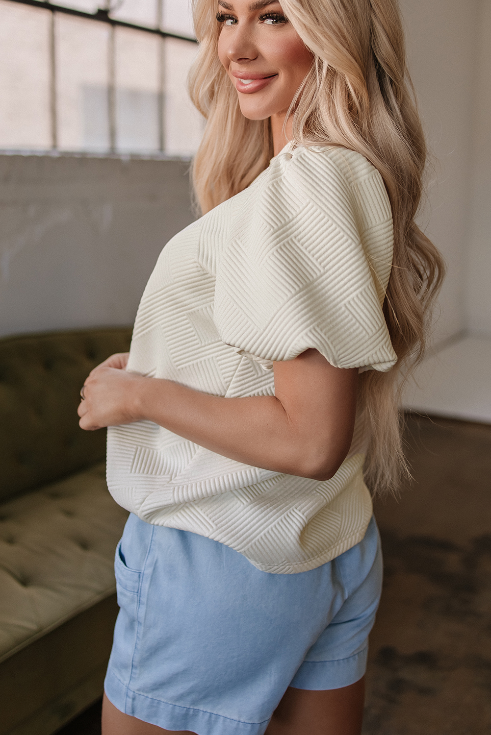 Oatmeal Textured Puff Sleeve T-shirt - loveforevers