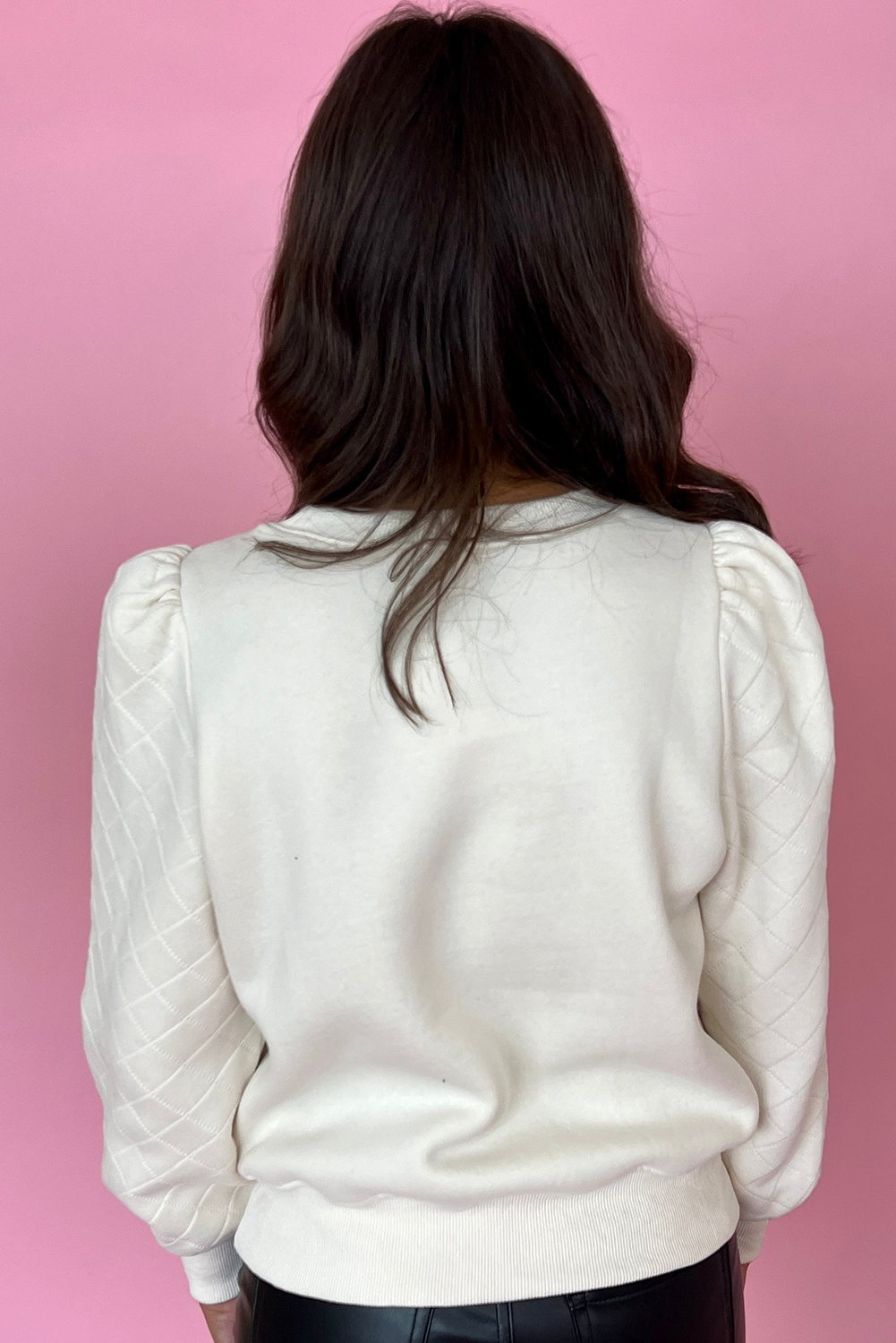 White Solid Puff Sleeve Round Neck Pullover Sweatshirt - loveforevers