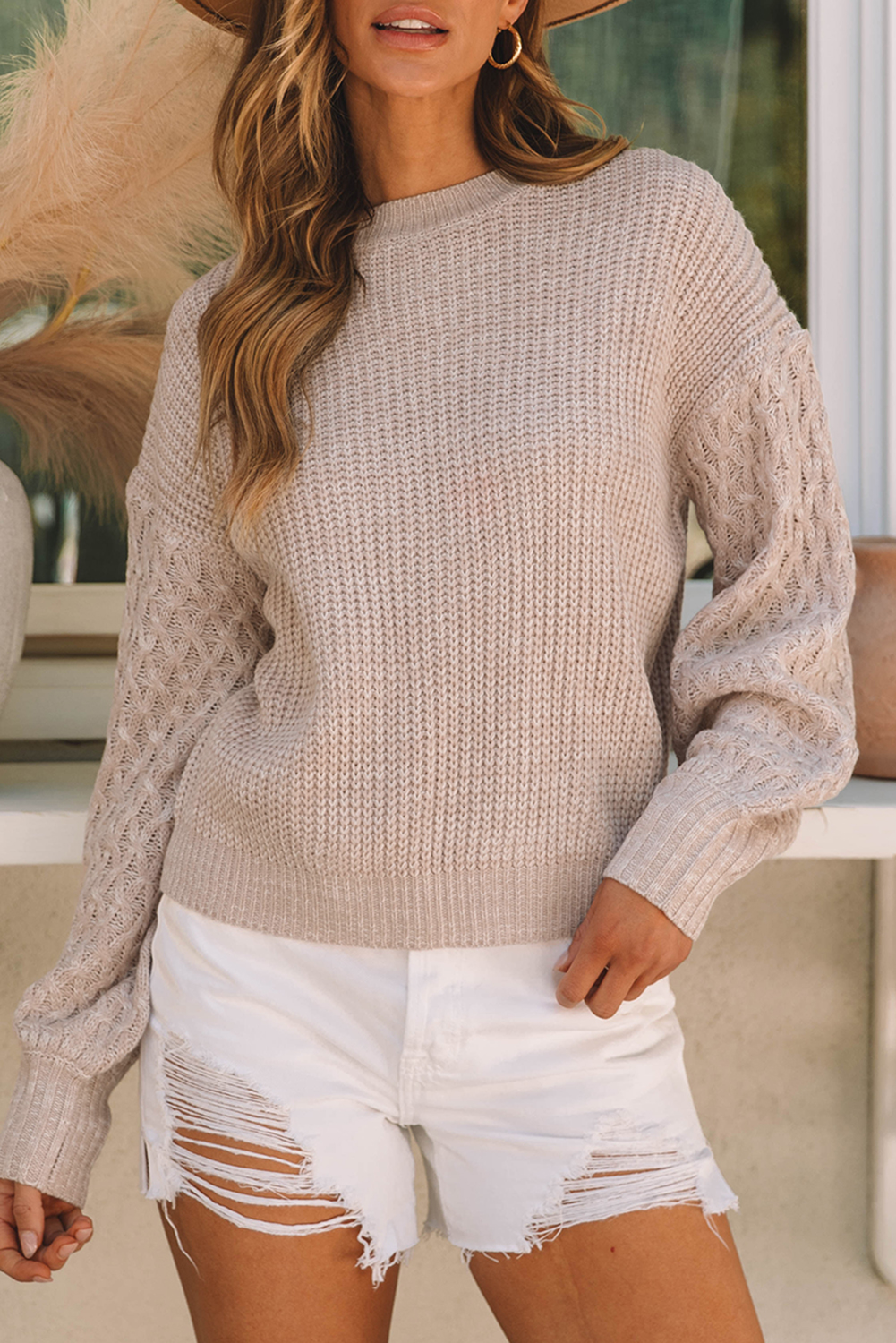 Parchment Cable Knit Sleeve Drop Shoulder Sweater - loveforevers
