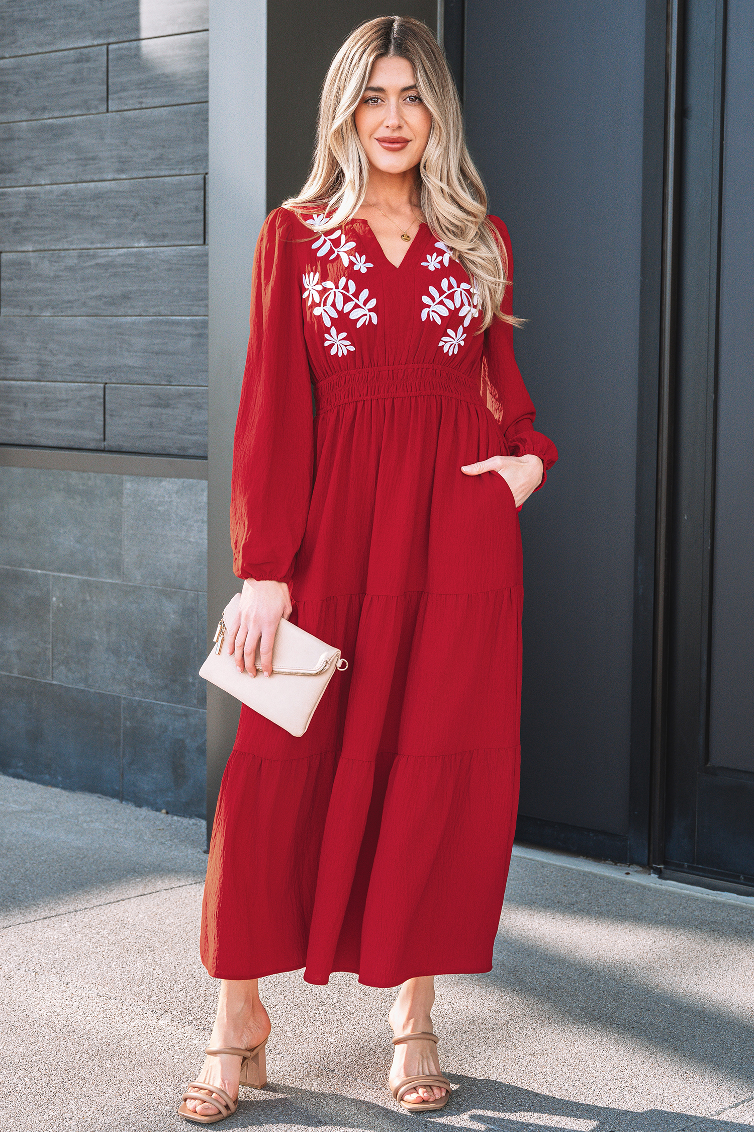 Racing Red Contrast Embroidered Detail Cinched Waist Tiered Long Sleeve Maxi Dress - loveforevers