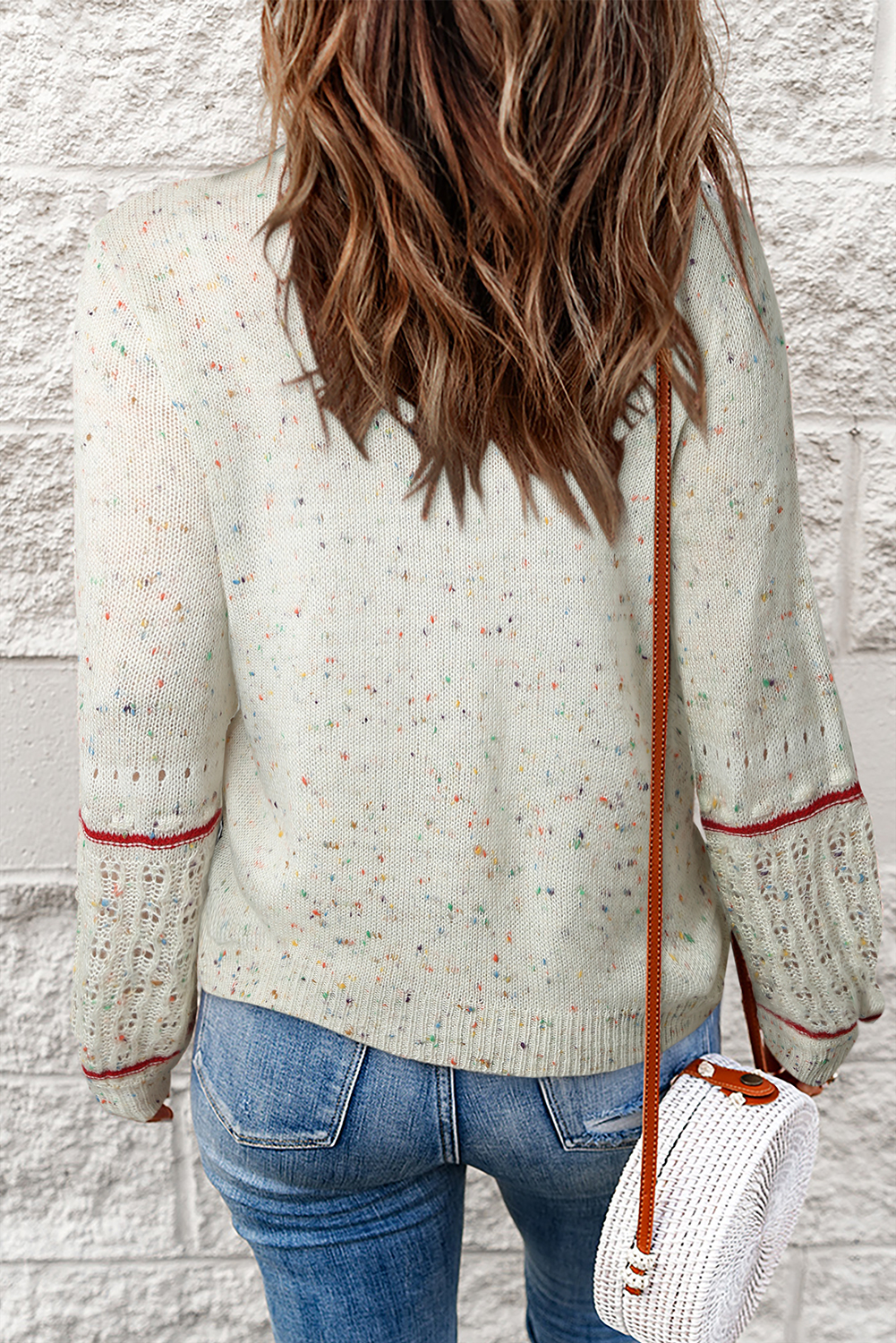 White Pilling Detail Patterned Sleeve Sweater - loveforevers