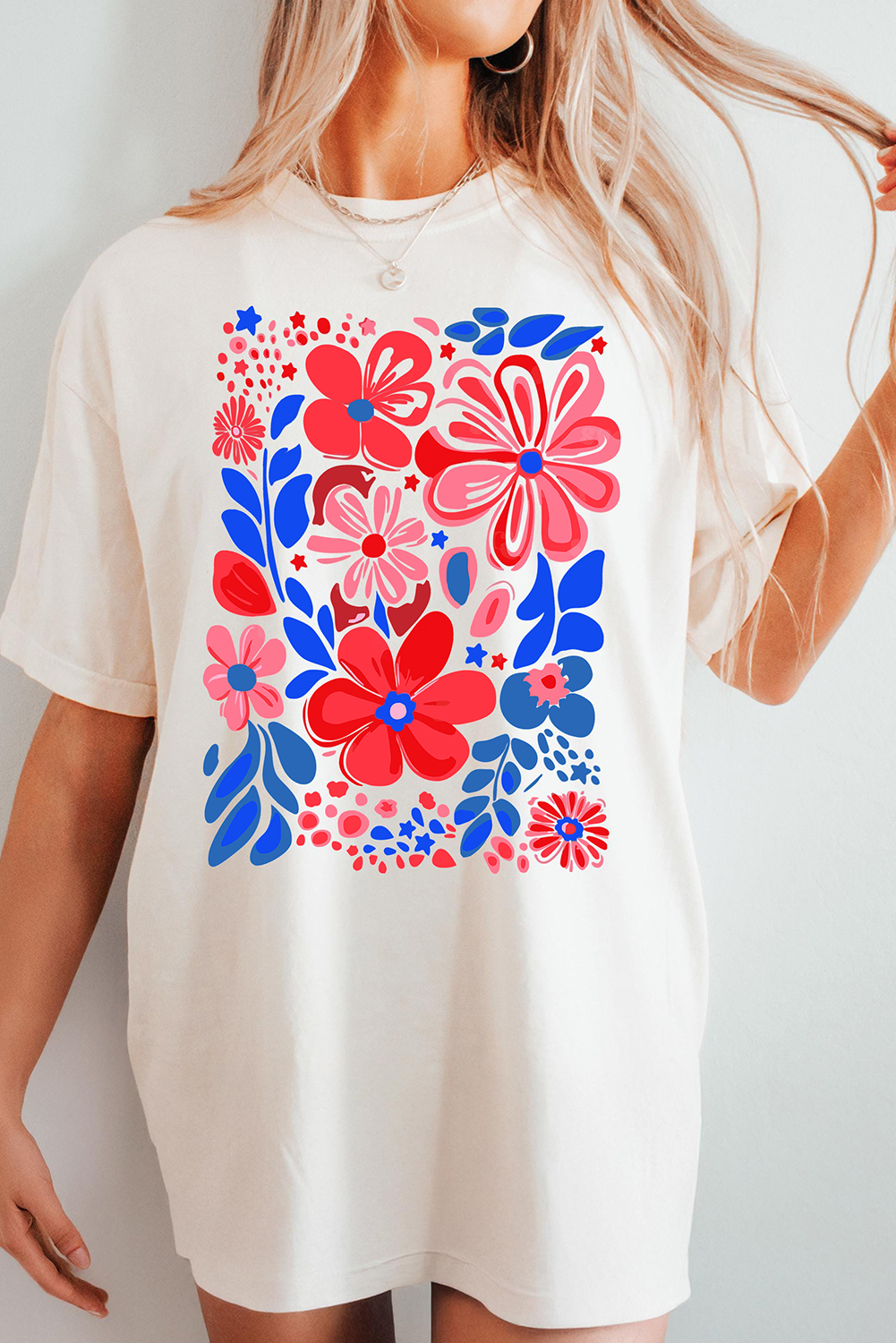 White Floral Print Half Sleeve Round Neck Oversized Tee - loveforevers
