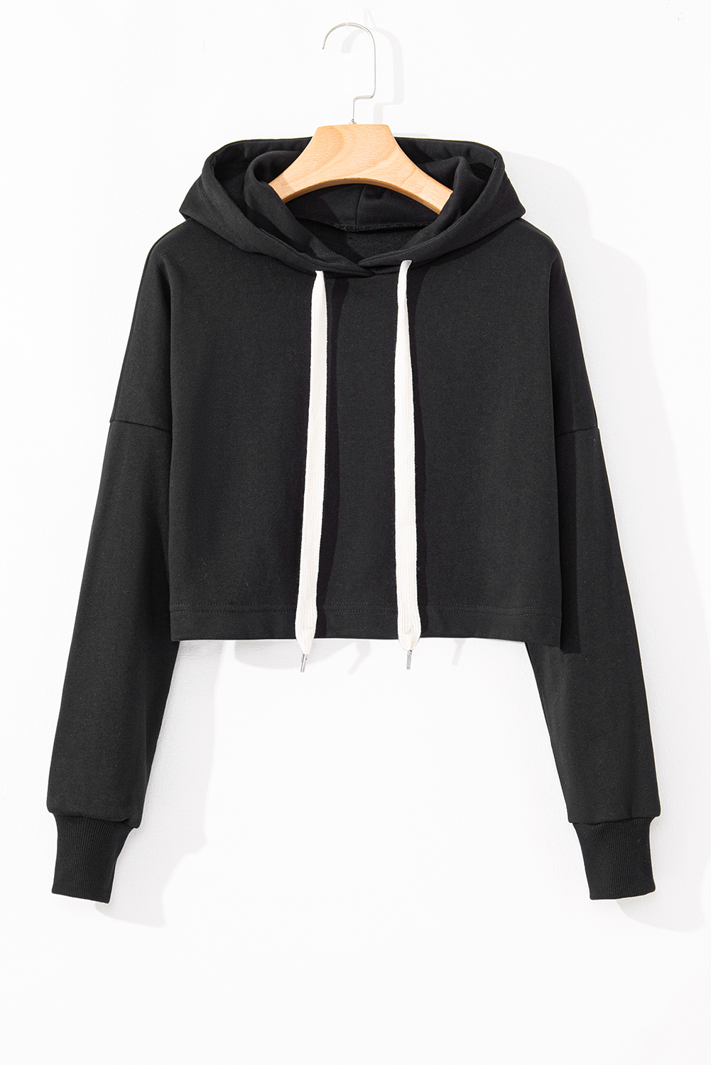 Black Solid Drop Shoulder Drawstring Cropped Hoodie - loveforevers