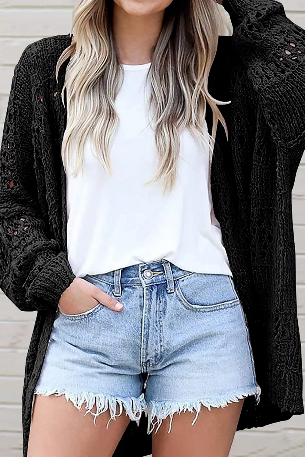 Black Casual Hollowed Knit Dolman Sleeve Cardigan - loveforevers