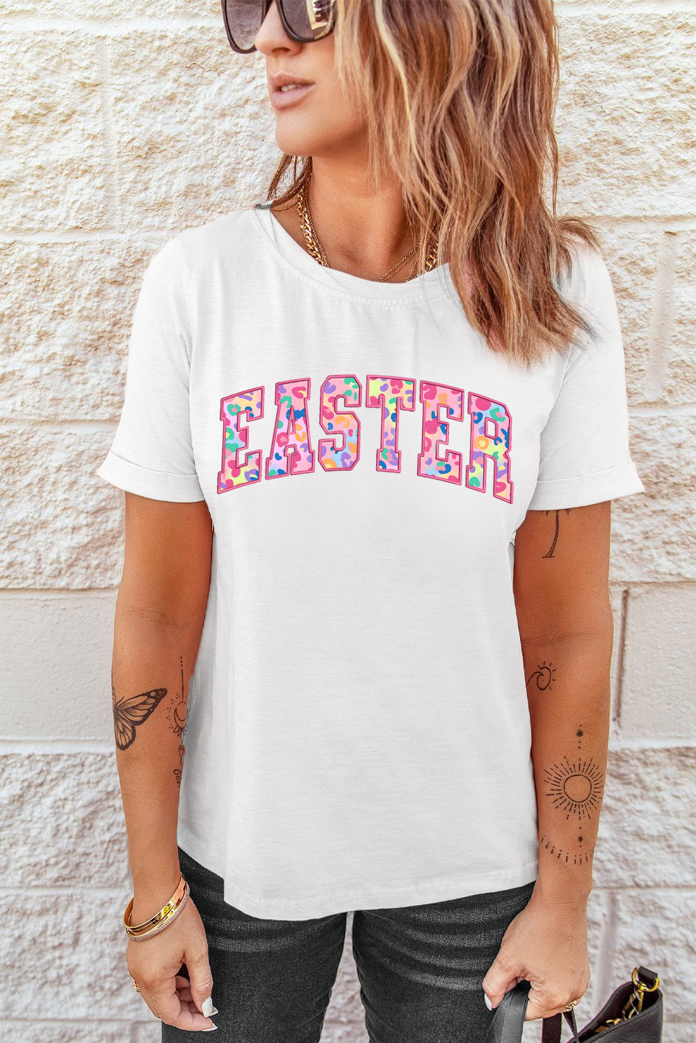 White Cheerful Leopard EASTER Letter Graphic Tee - loveforevers