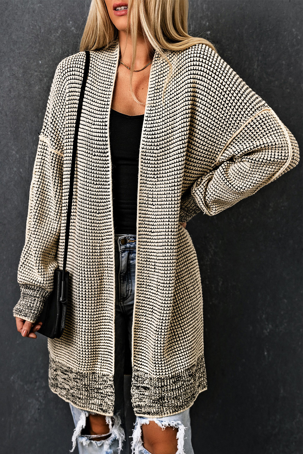 Apricot Plaid Knitted Long Open Front Cardigan - loveforevers