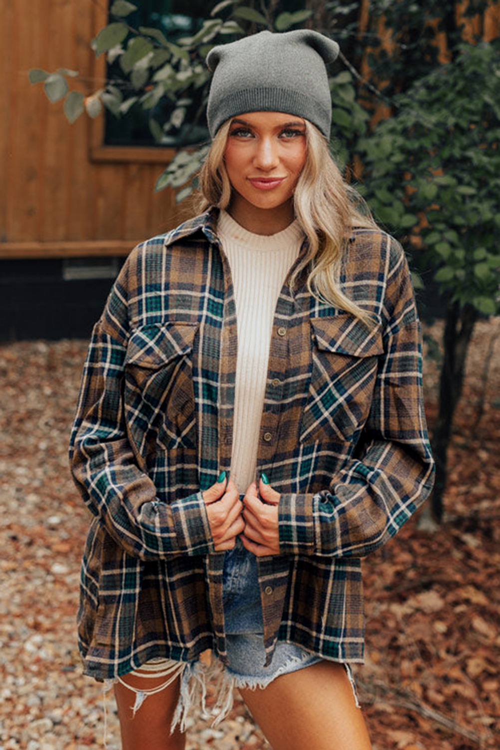 Brown Plaid Print Chest Pockets Buttoned Shirt Jacket - loveforevers