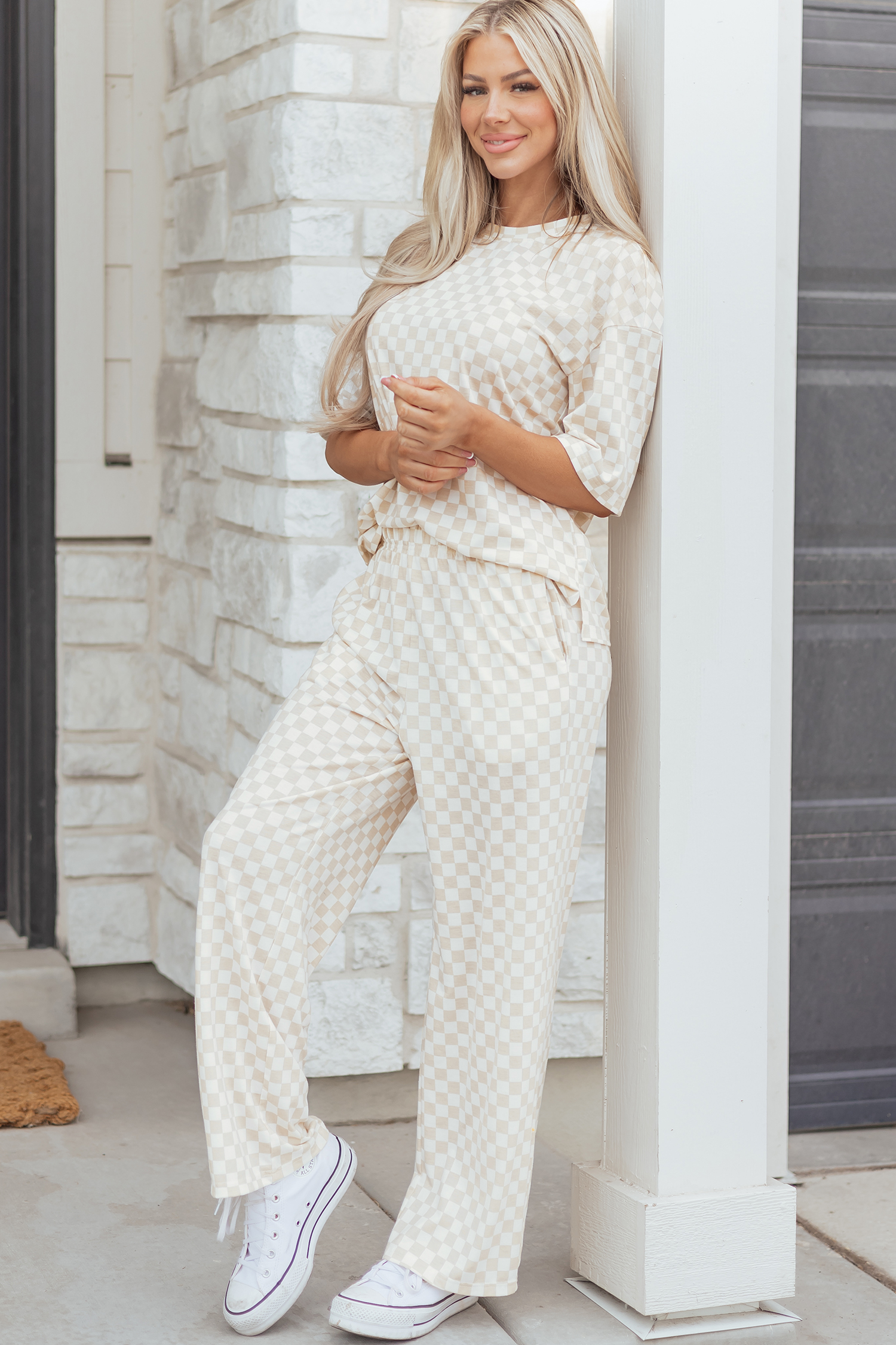 Khaki Checkered Print Half Sleeve Tee 2pcs Lounge Pant Set - loveforevers