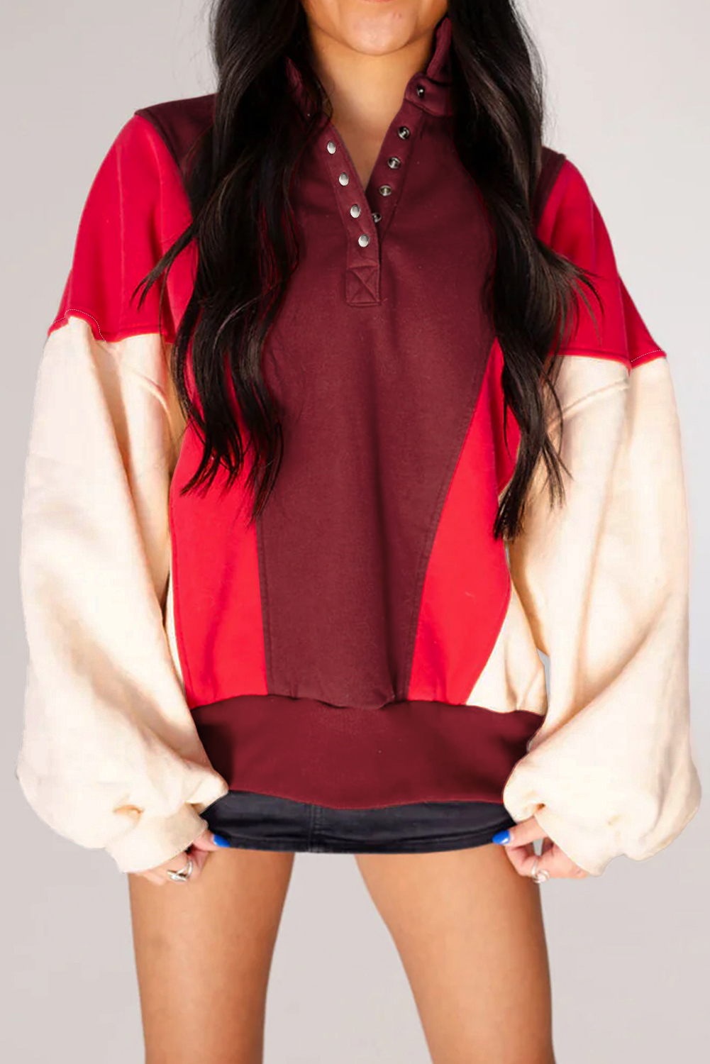 Fiery Red Color Block Patchwork Snap Button Polo Sweatshirt - loveforevers