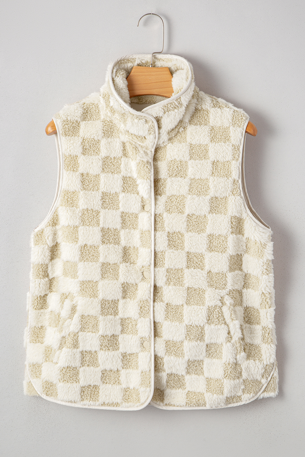 Khaki Sherpa Checkerboard Snap Button Vest Jacket With Pocket - loveforevers