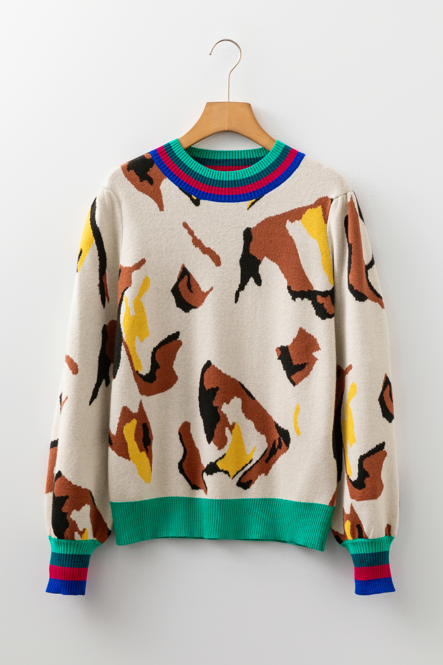 Apricot Contrast Ribbed Stripes Detail Animal Pattern Knit Sweater - loveforevers