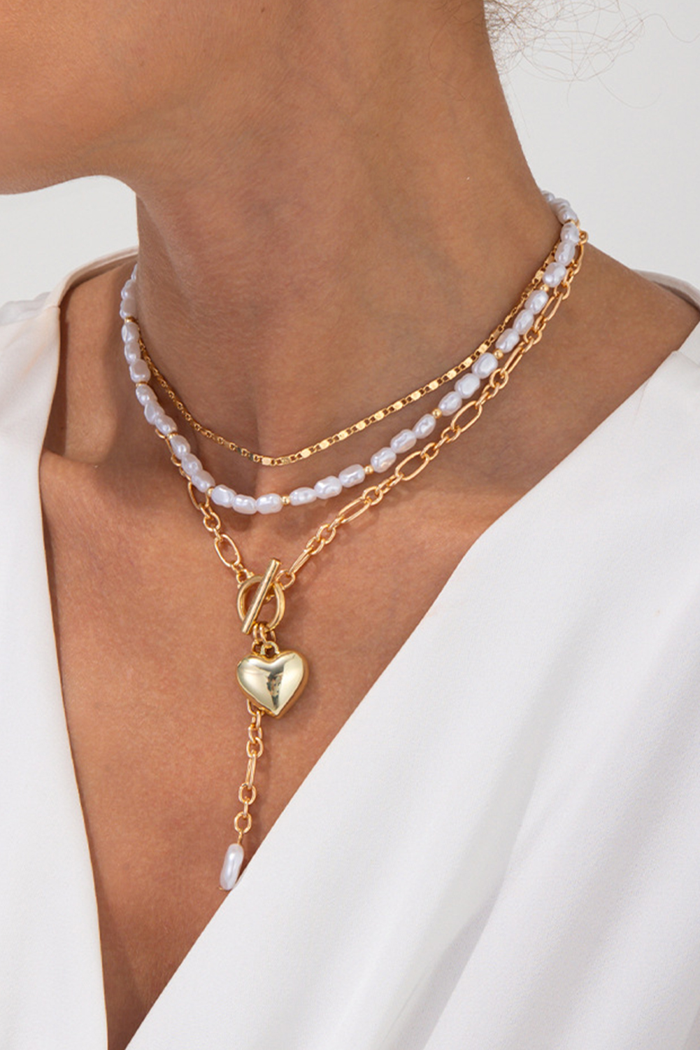 Gold Plated Heart Charm Pearl Chain Layered Necklace - loveforevers