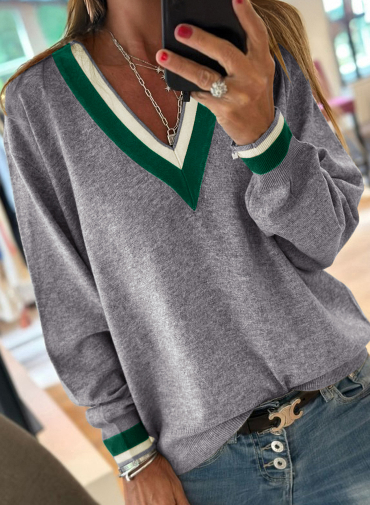 Black Contrast Striped Trim V Neck Varsity Sweater - loveforevers
