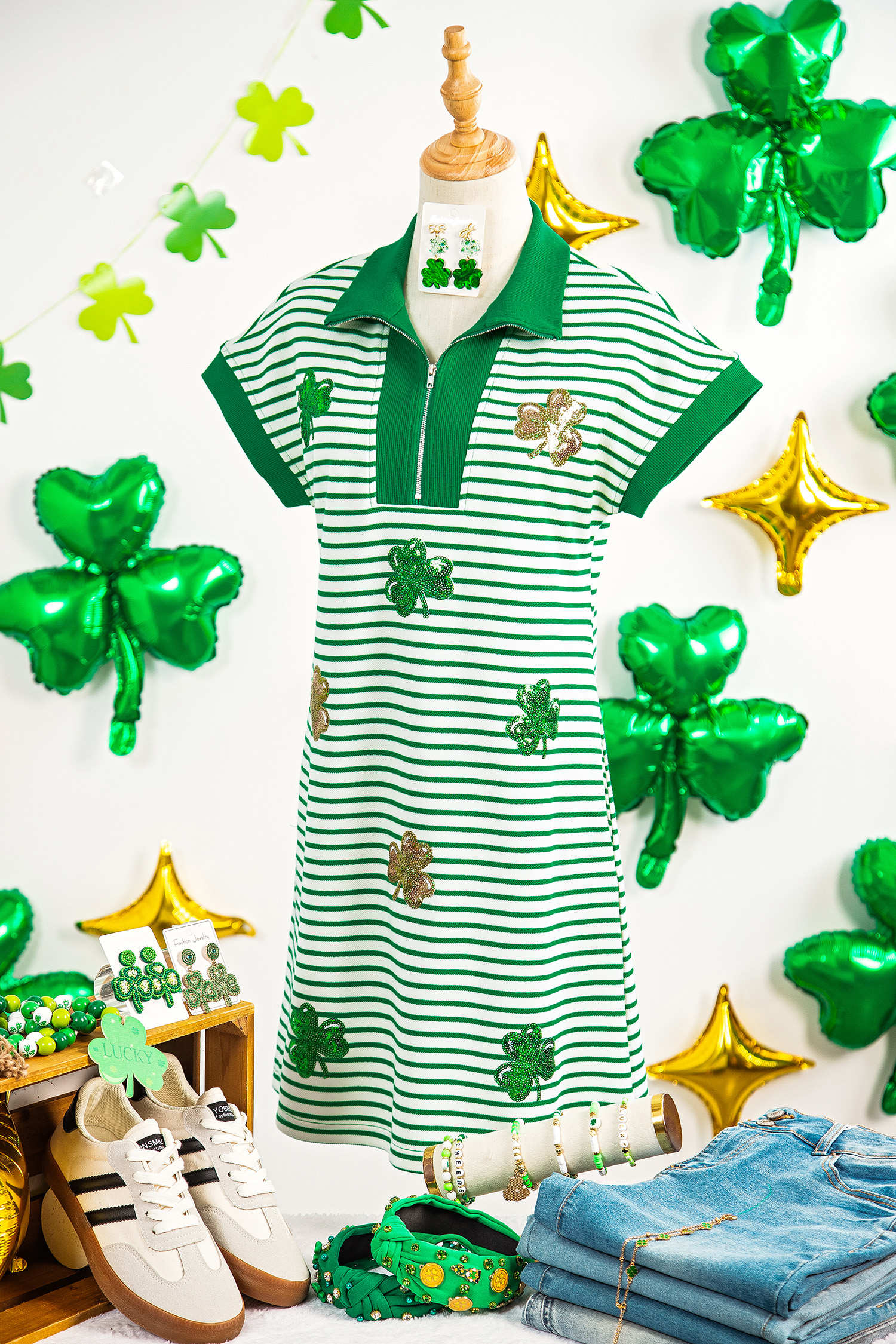Green Stripe Magic St Patricks Day Sequin Graphic Zip Polo Tee Dress - loveforevers