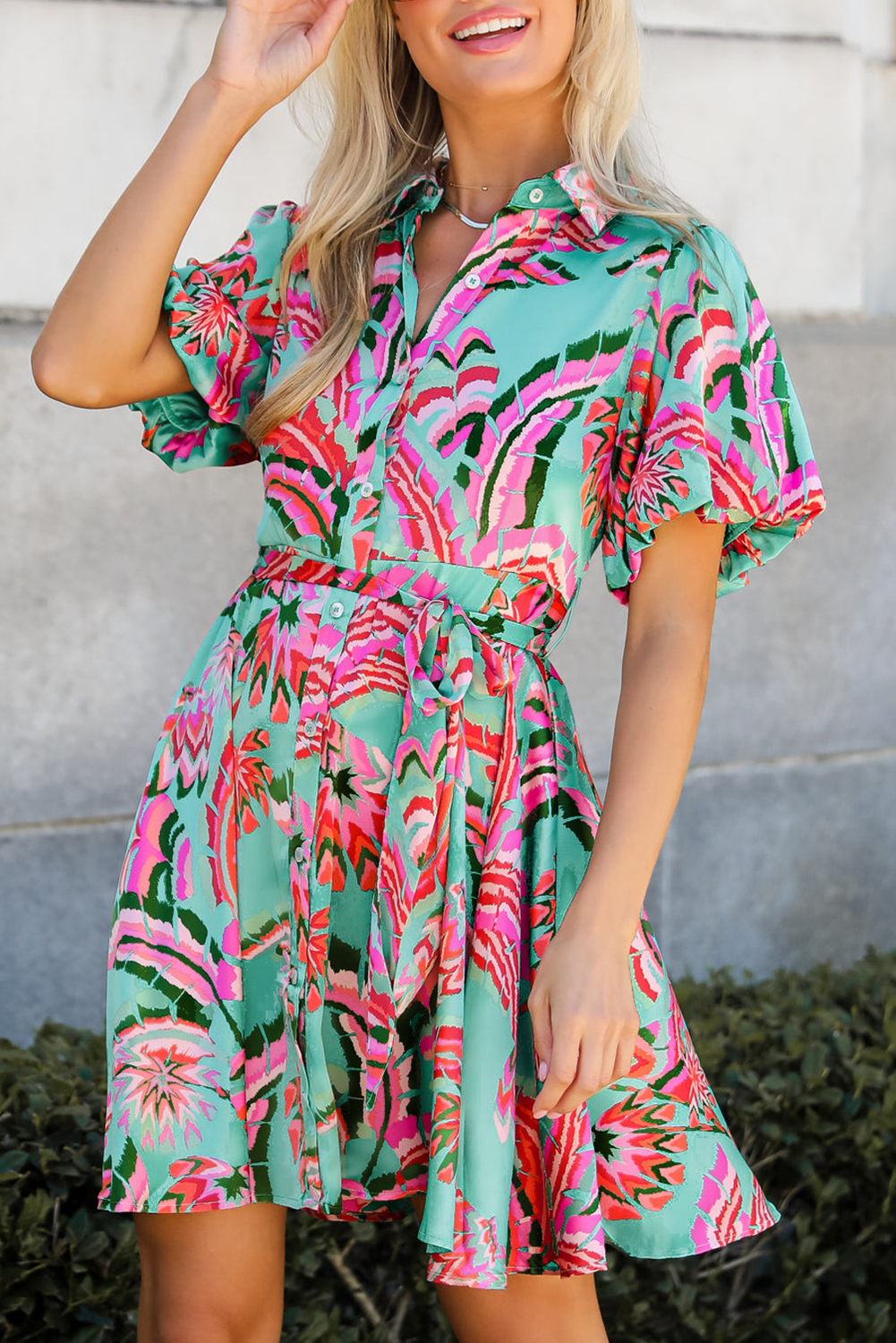 Green Abstract Print Lace-up High Waist Buttoned Mini Dress - loveforevers