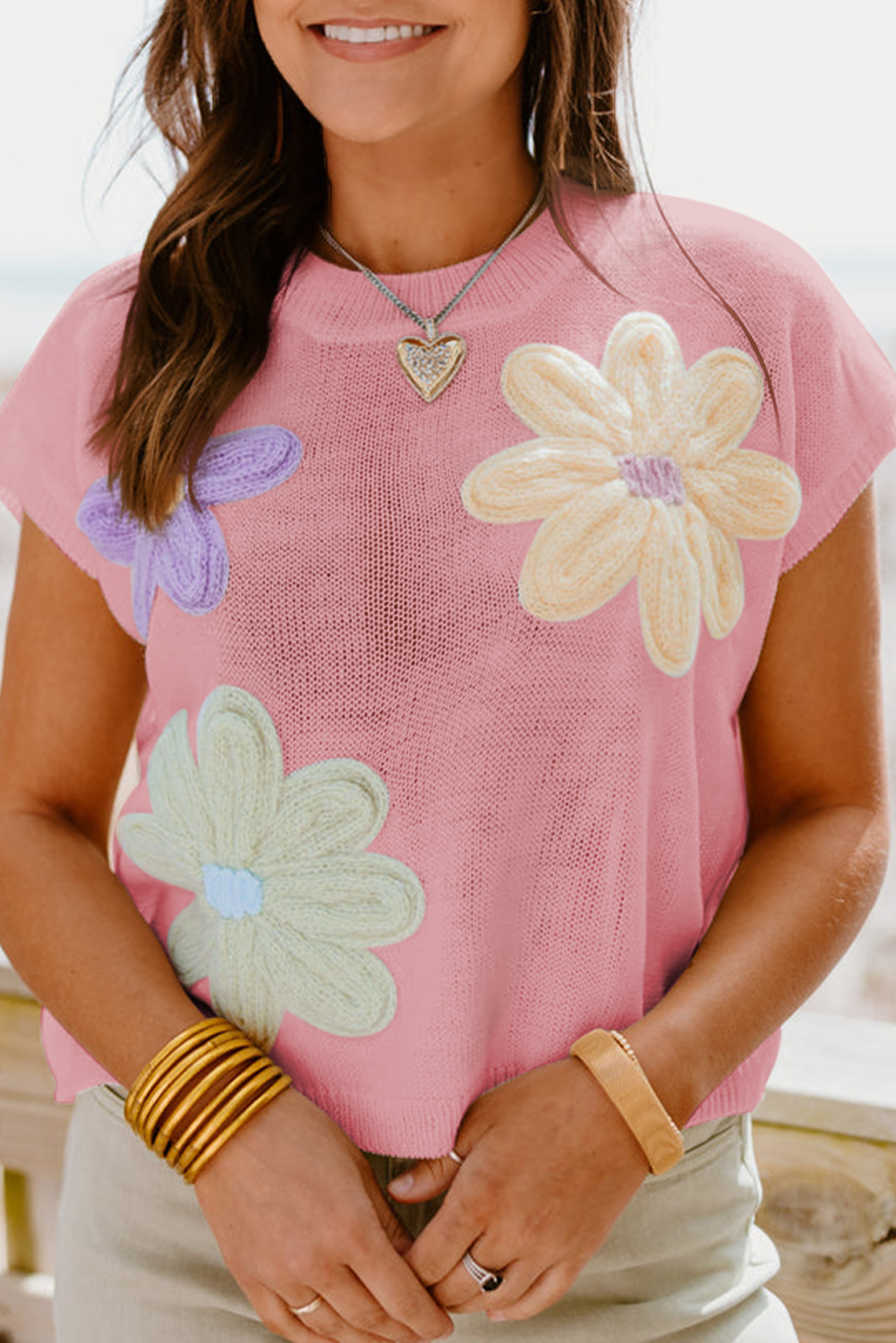 Pink Multi Crochet Flower Knit Short Sleeve Sweater Top - loveforevers