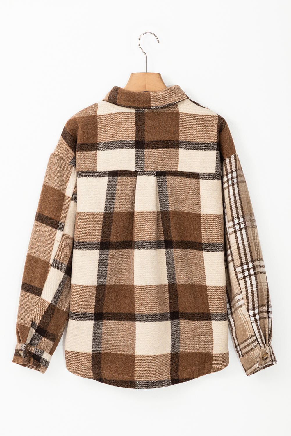 Light French Beige Flannel Plaid Double Flap Pocket Shacket - loveforevers