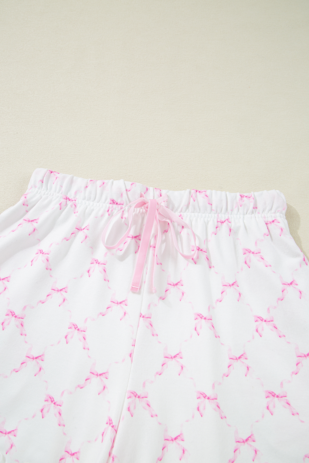 Pink Bow Knot Geometric Print Lettuce Trim Two Piece Lounge Set - loveforevers
