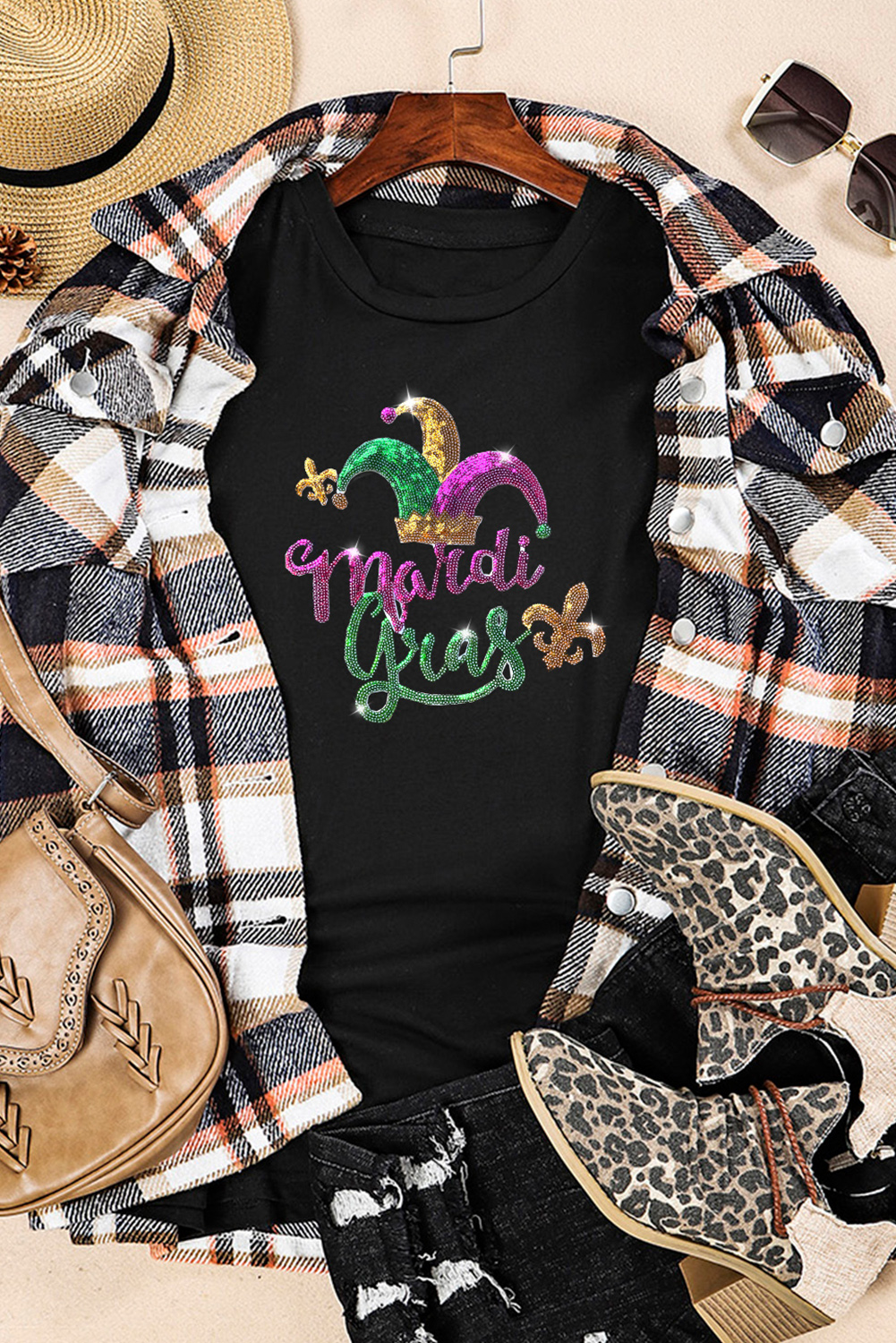 White Mardi Gras Sequin Graphic T-shirt - loveforevers