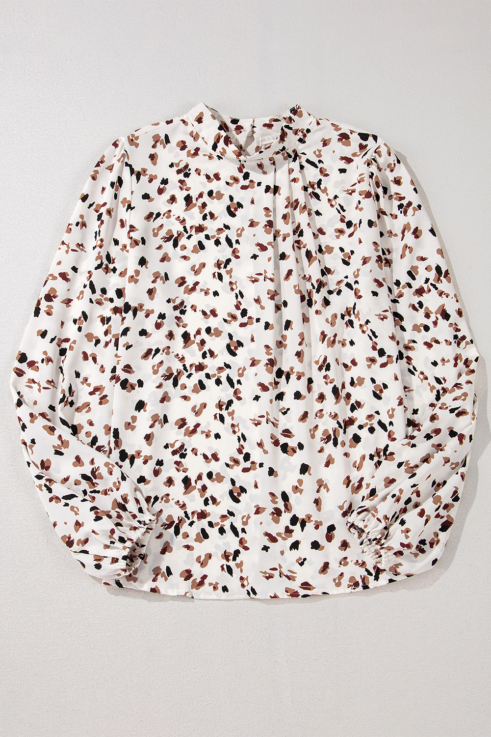 White Leopard Print Lantern Sleeve Mock Neck Pleated Blouse - loveforevers