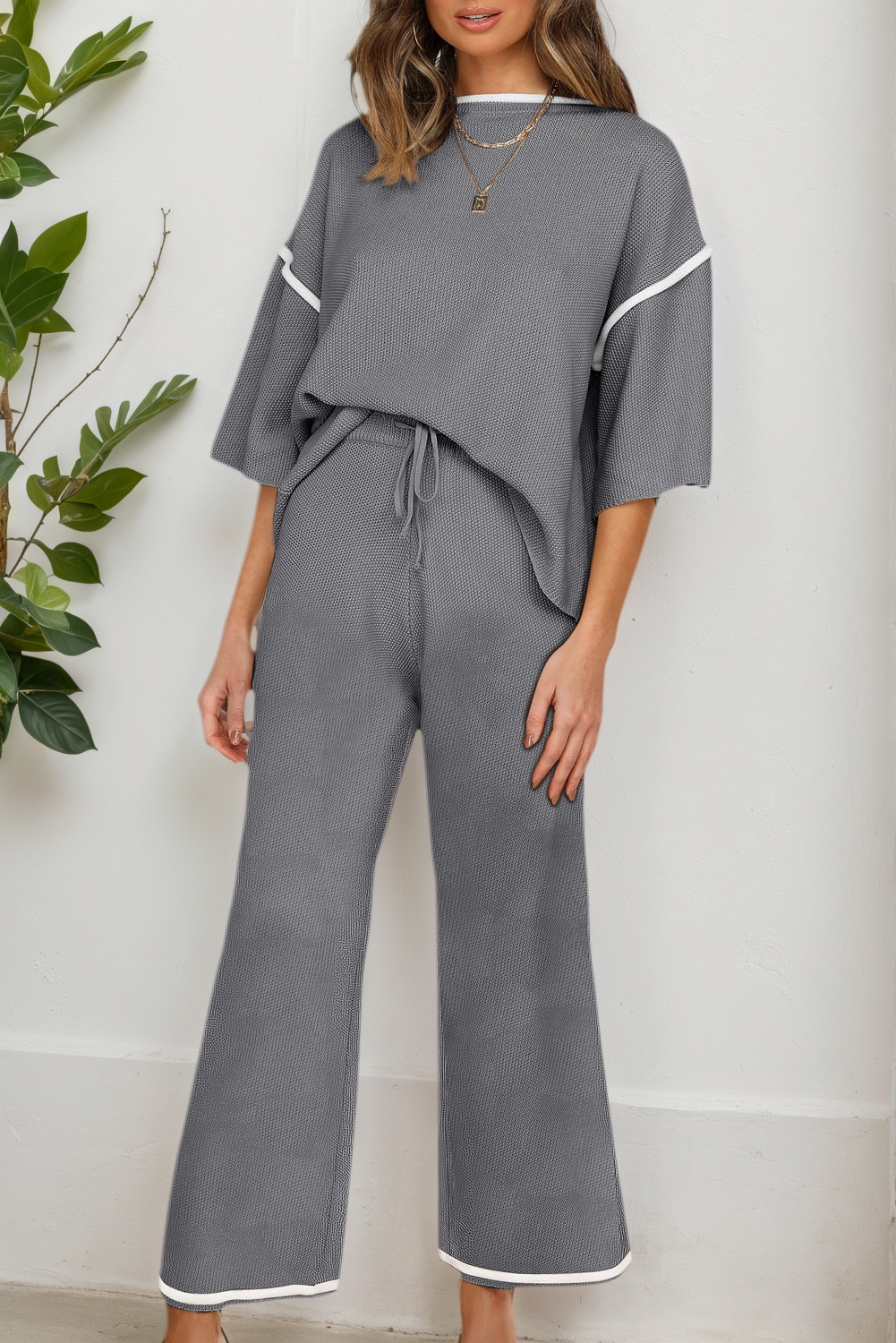 Blackish Green Contrast Trim Half Sleeve Top Drawstring Pants Loose 2pcs Sweater Suit - loveforevers