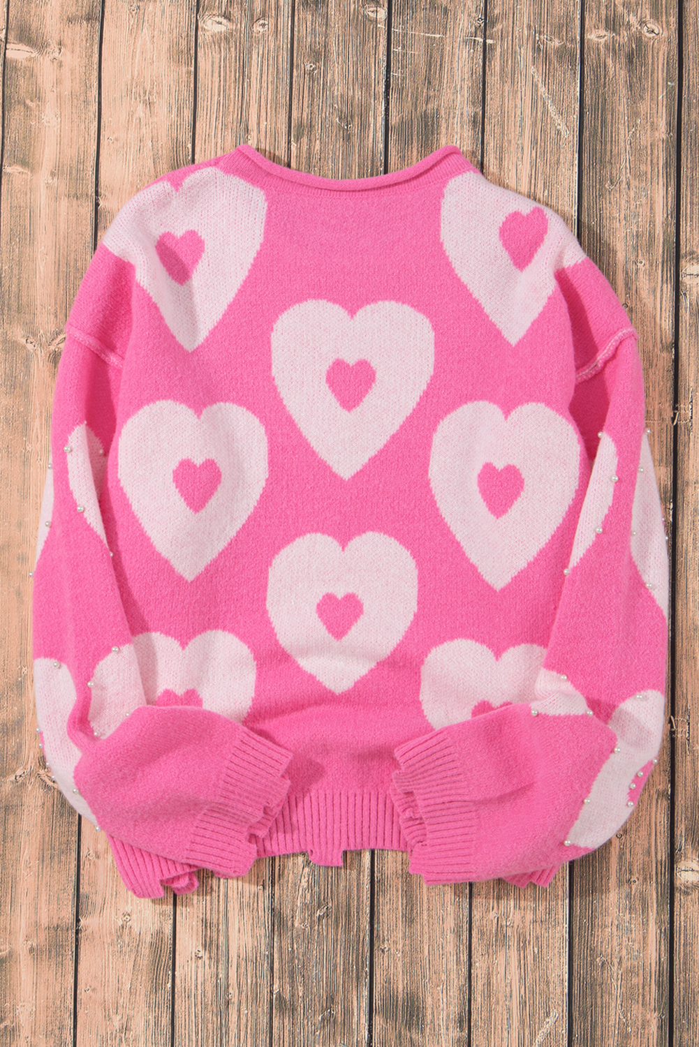 Bonbon Pearl Beaded Heart Drop Shoulder Sweater - loveforevers