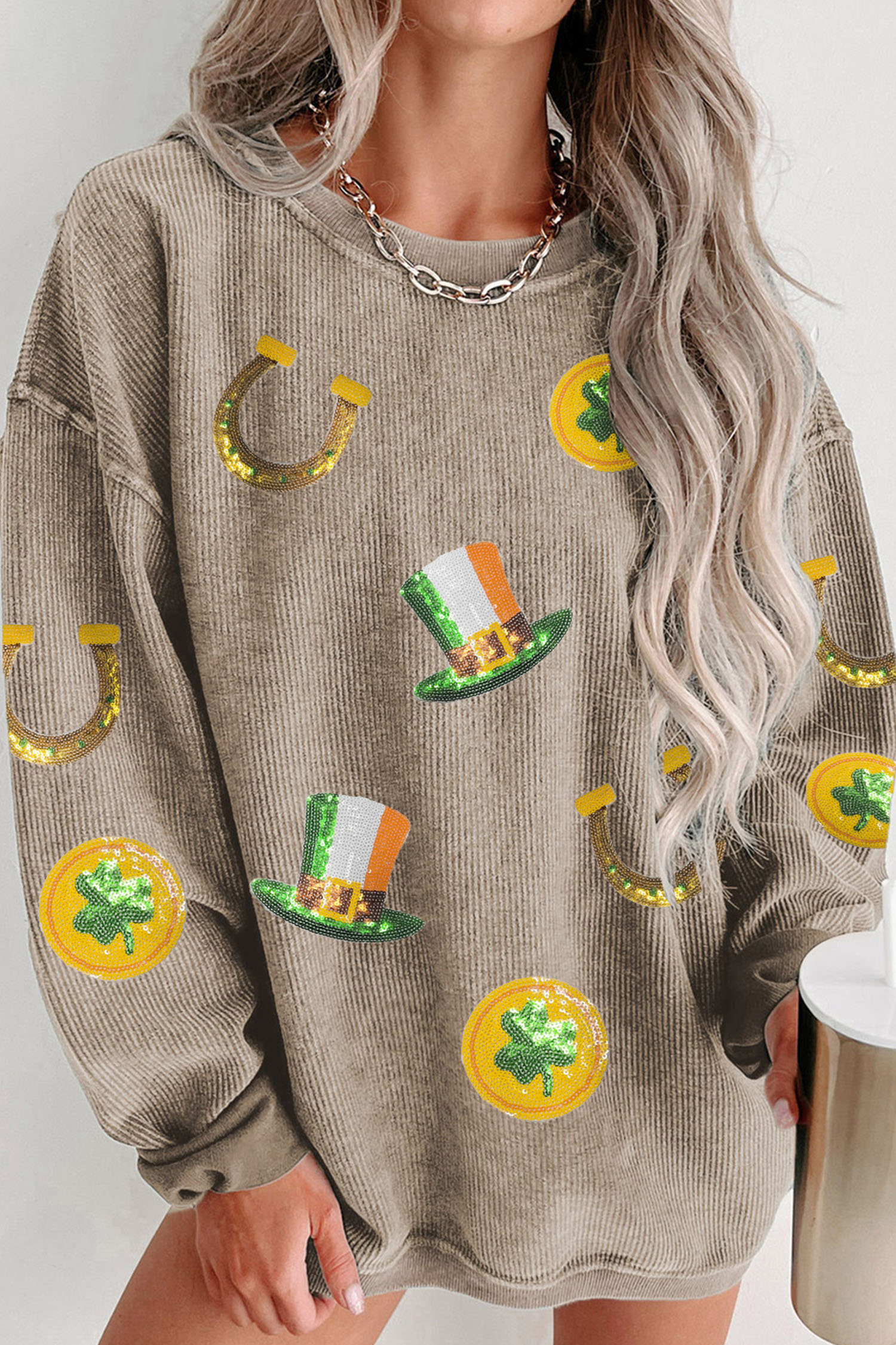 Khaki Sequin Horseshoe Mardi Gras Graphic Corded Ribbed Baggy Sweatshirt - loveforevers