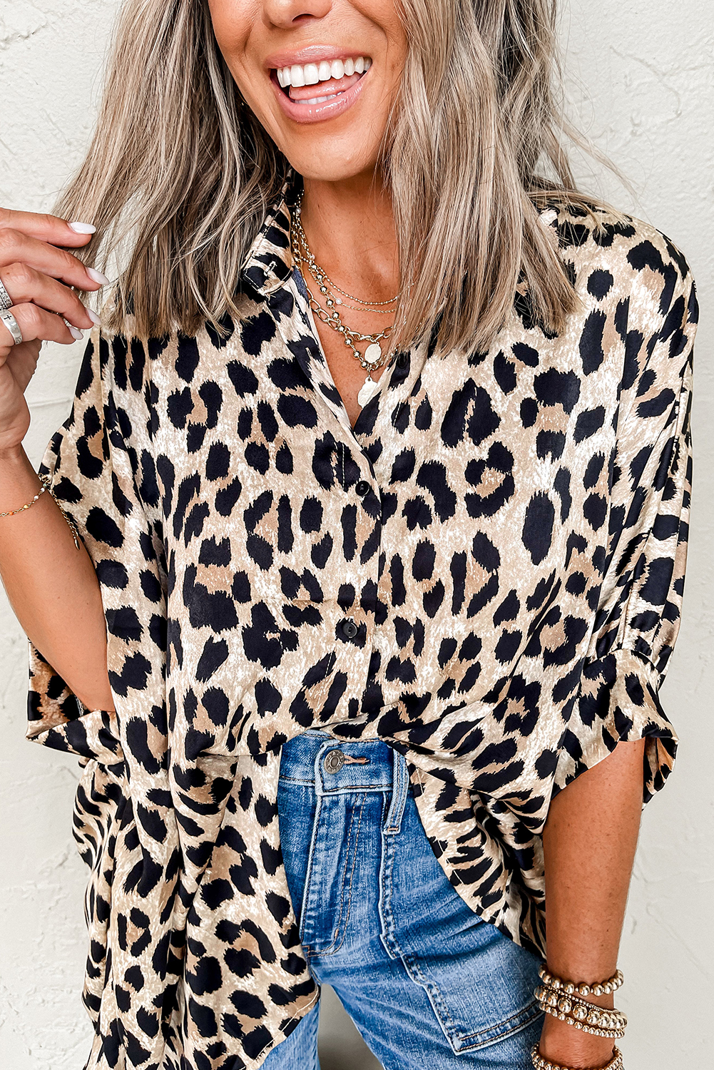 Beige Leopard Print Buttoned 3/4 Sleeve Loose Fit Shirt - loveforevers
