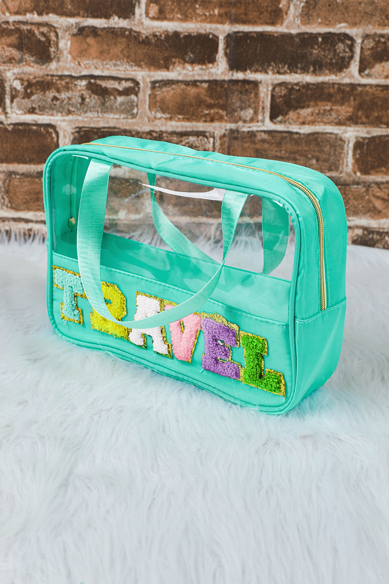 Light Pink TRAVEL Chenille Letter Clear PVC Makeup Bag - loveforevers