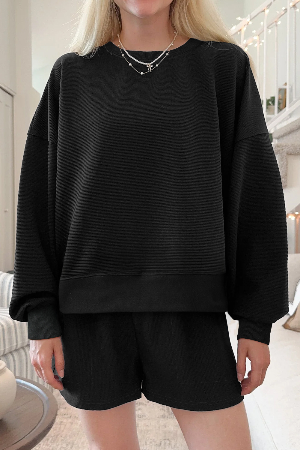 Black Ribbed Texture Baggy Drop Shoulder Pullover and Shorts Set - loveforevers