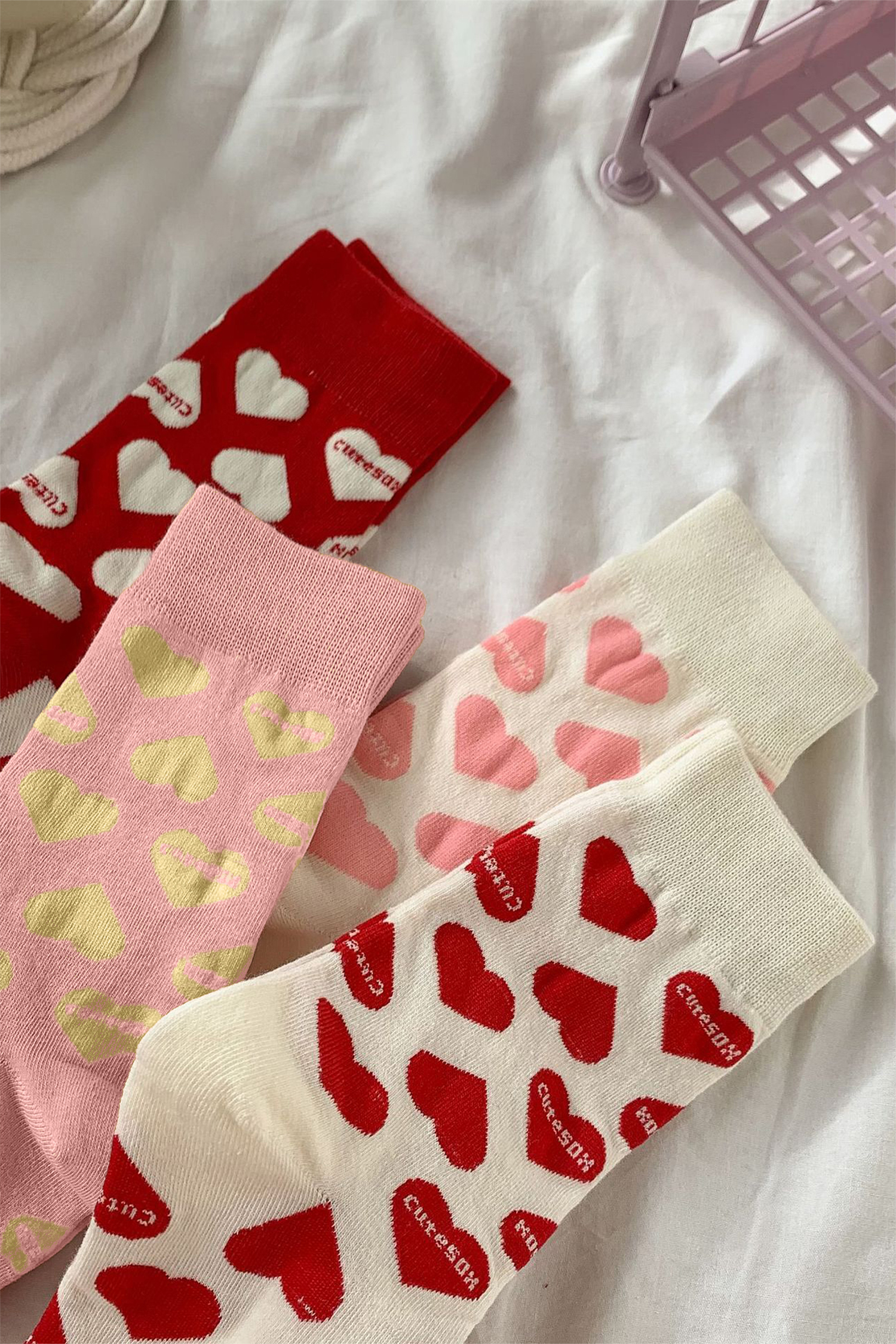 Pink Valentines Day Cute Heart Printed Polyester-cotton Socks - loveforevers