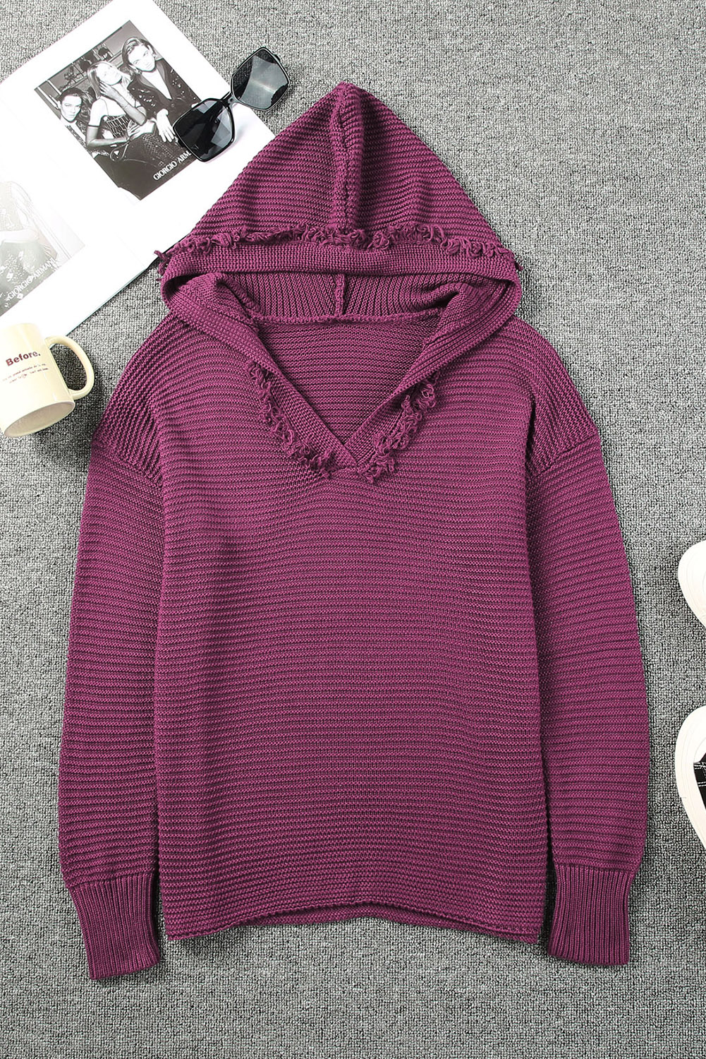 V Neck Ribbed Drop Shoulder Hooded Sweater - loveforevers