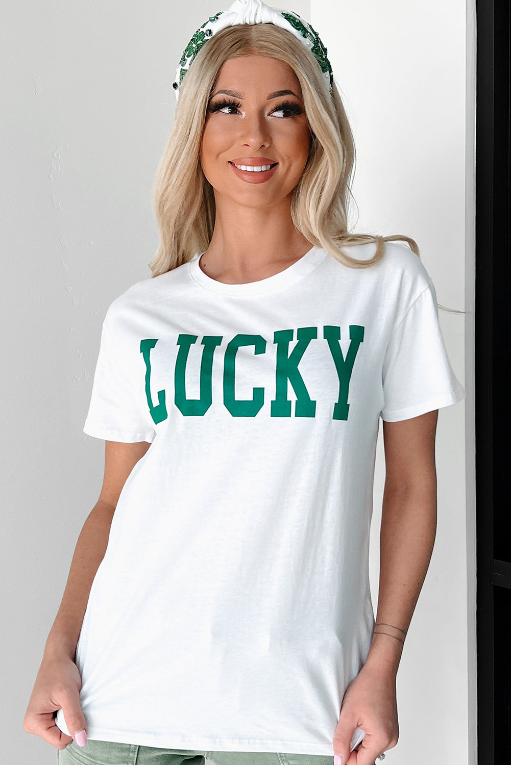 White LUCKY Printed Round Neck St Patricks T Shirt - loveforevers