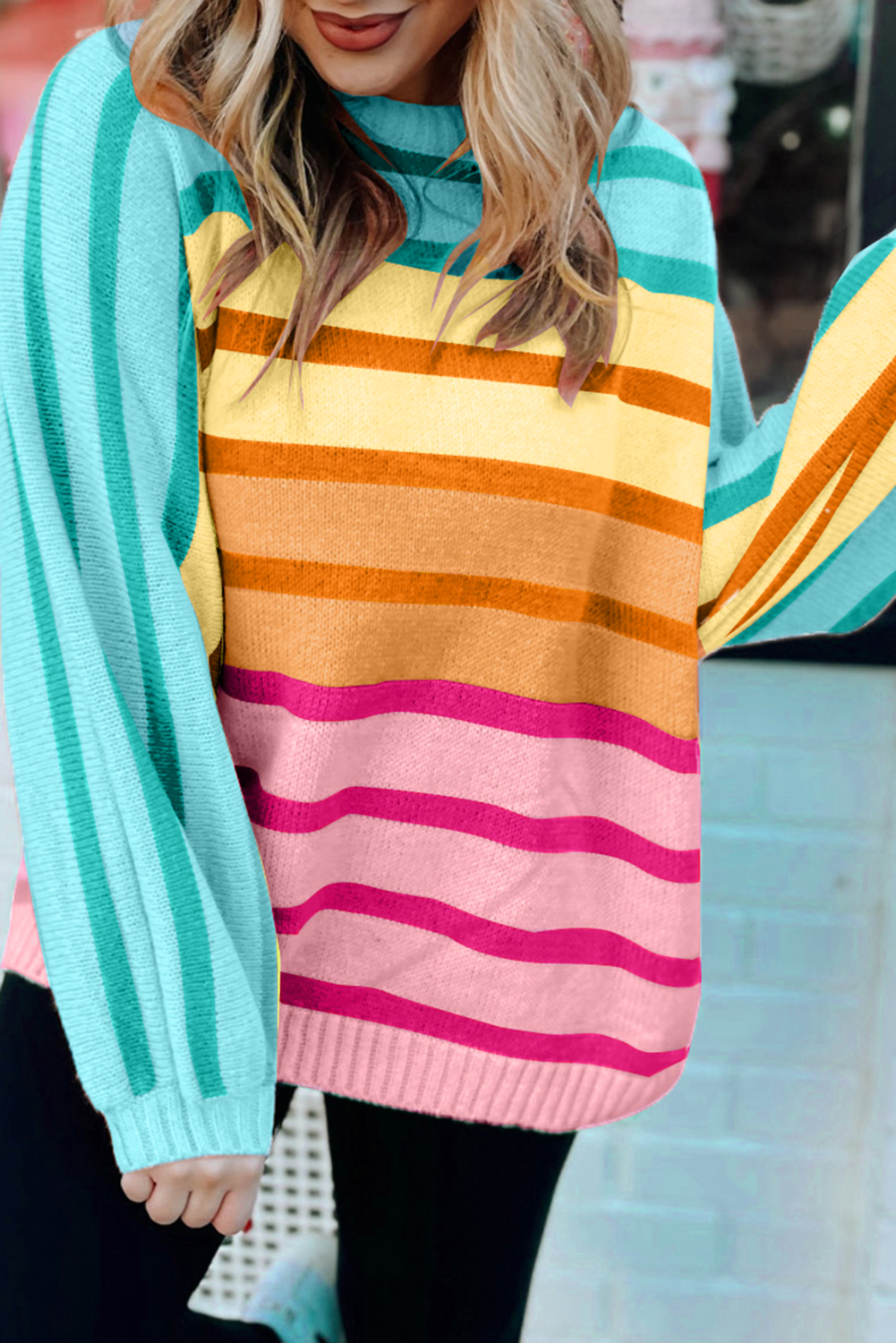 Yellow Stripe Gradient Striped Ribbed Edge Loose Sweater - loveforevers