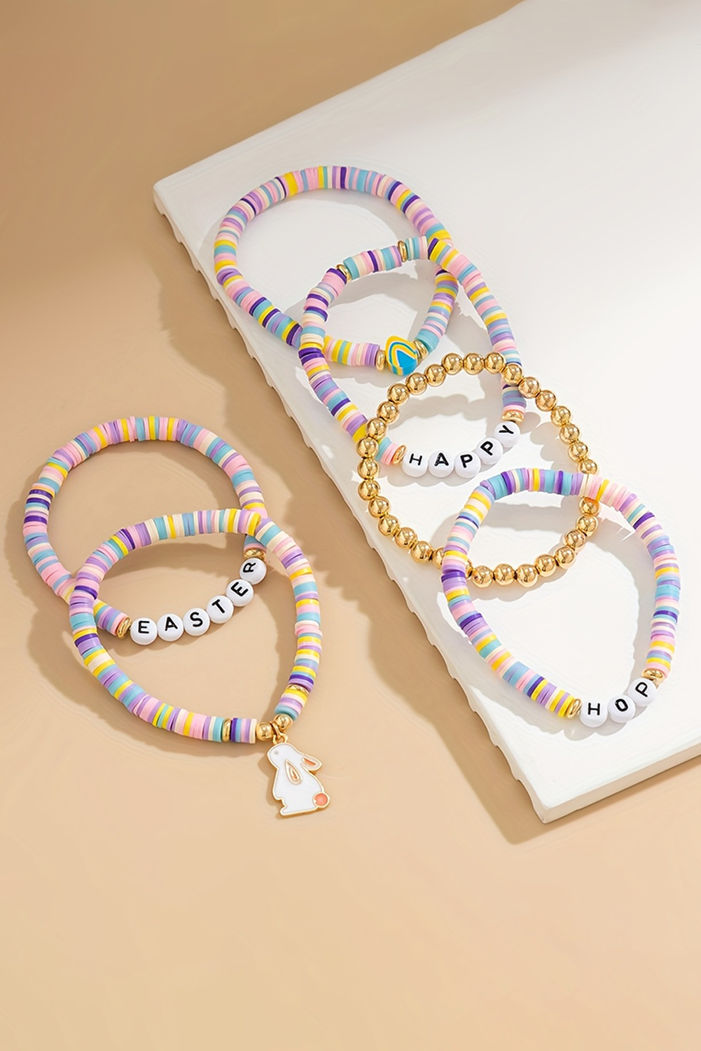 Gold Happy Easter Letter Beaded Elastic Multi Layer Bracelet - loveforevers