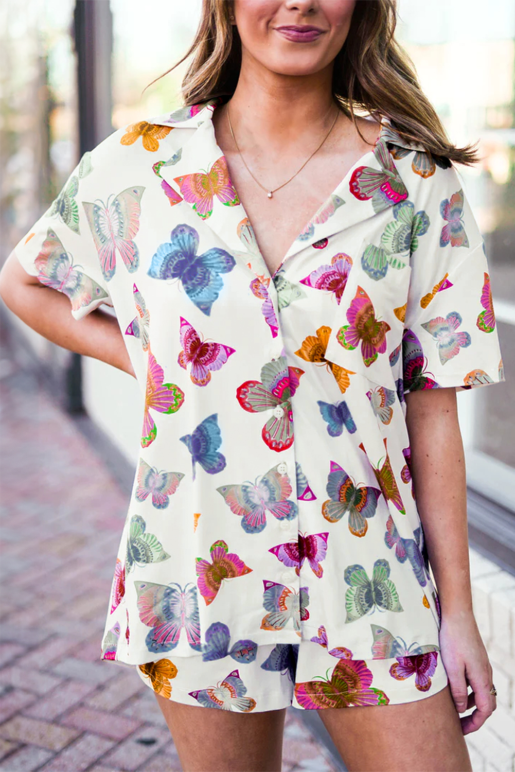 Multicolour Butterfly Pattern Short Sleeve Shirt Pajamas Set - loveforevers