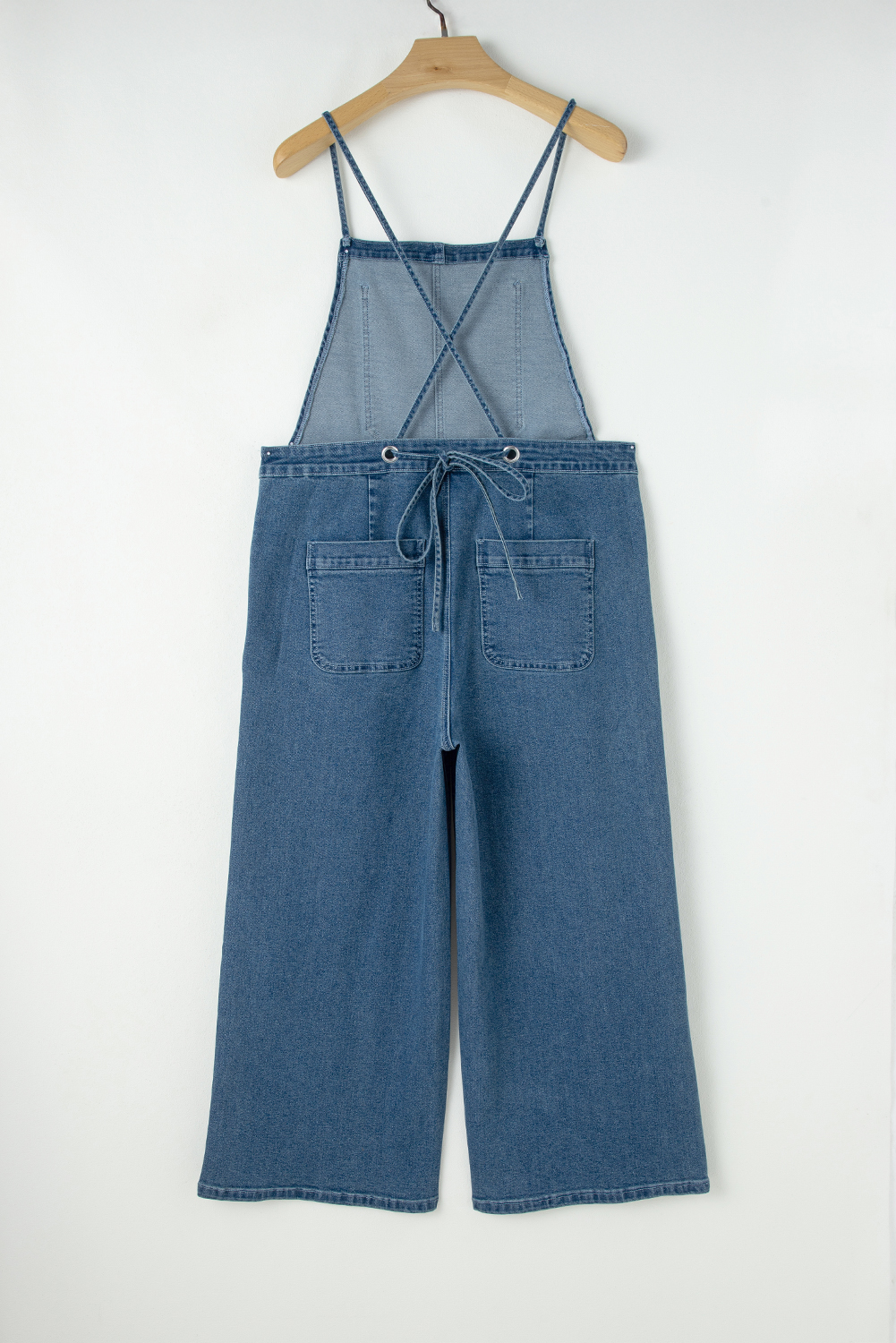 Dusk Blue Adjustable Tie Straps Cropped Wide Leg Denim Overalls - loveforevers
