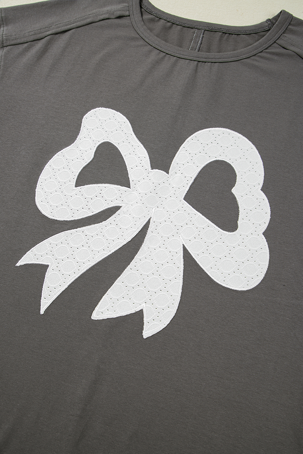 Medium Grey Lace Bow Raw Edge Drop Shoulder Casual T Shirt - loveforevers