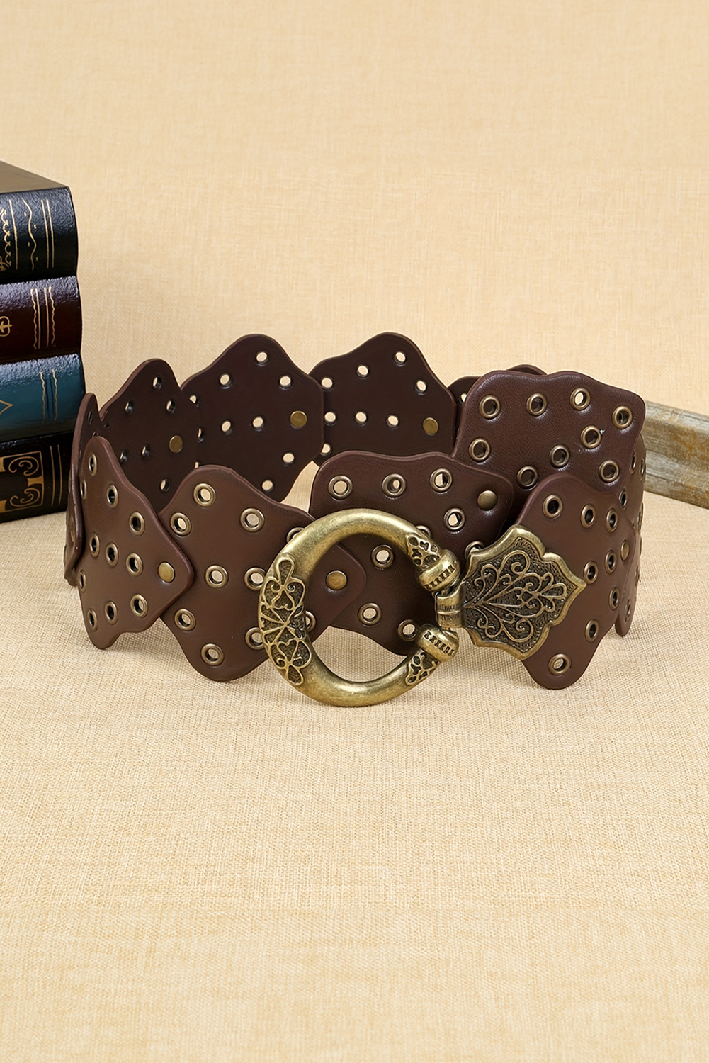 Chestnut Y2K Antique Bronze Circle Grommet Detail Western Leather Belt - loveforevers