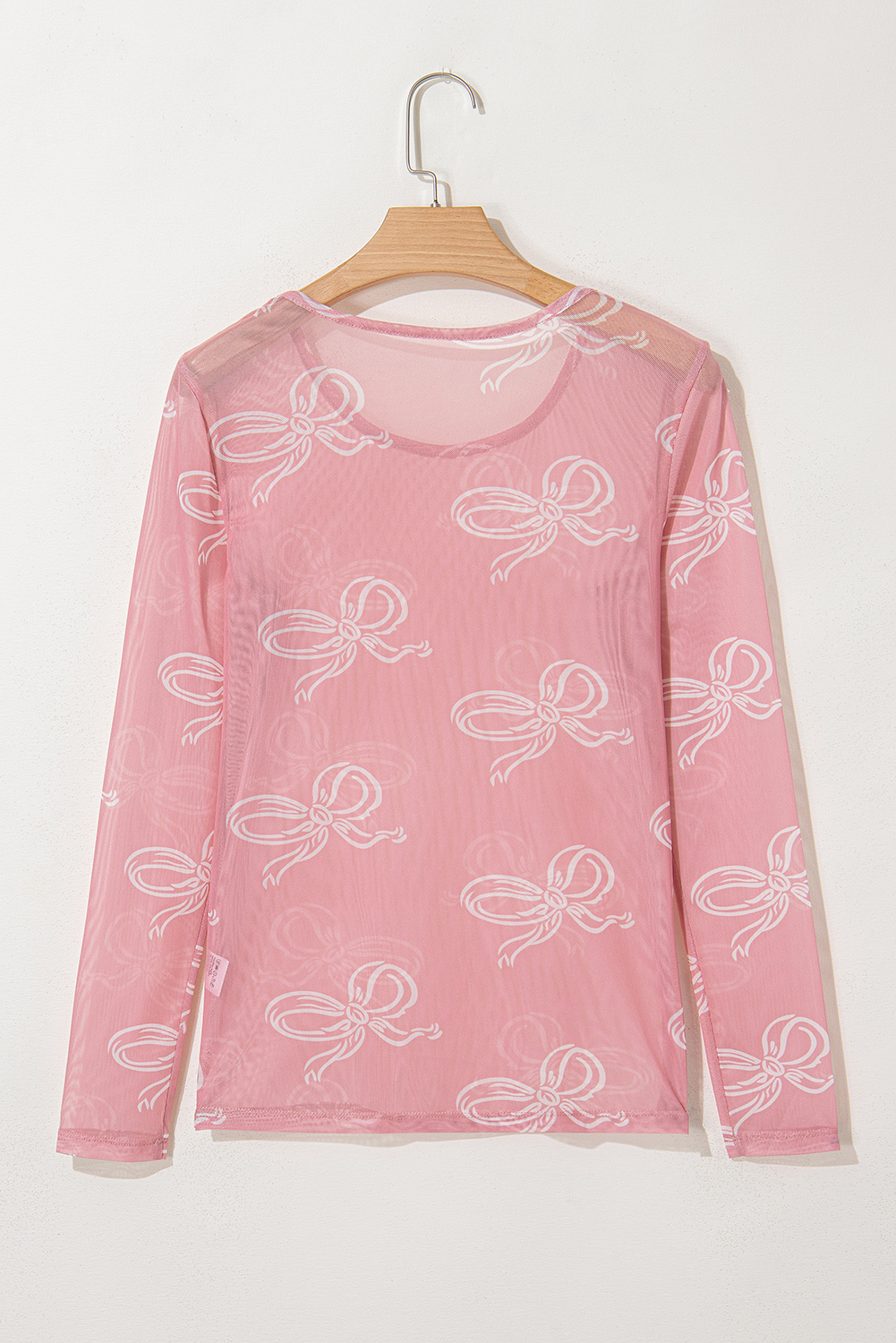 Pink Round Neck Bow Print Long Sleeve Mesh Top - loveforevers