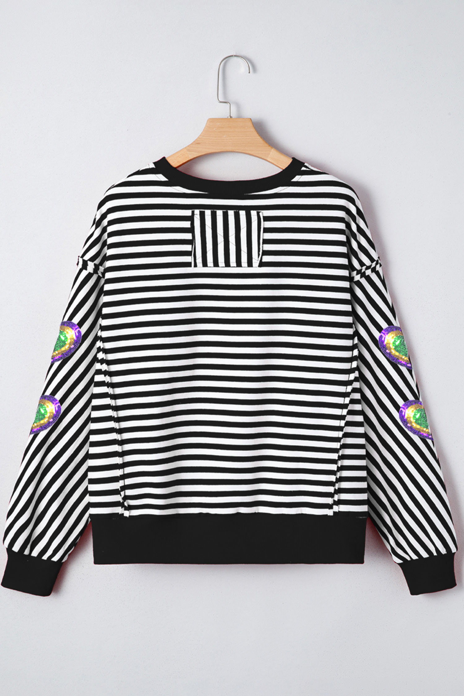 Black Stripe Raw Seam Detail Sequin Mardi Gras Heart Patched Graphic Long Sleeve Top - loveforevers
